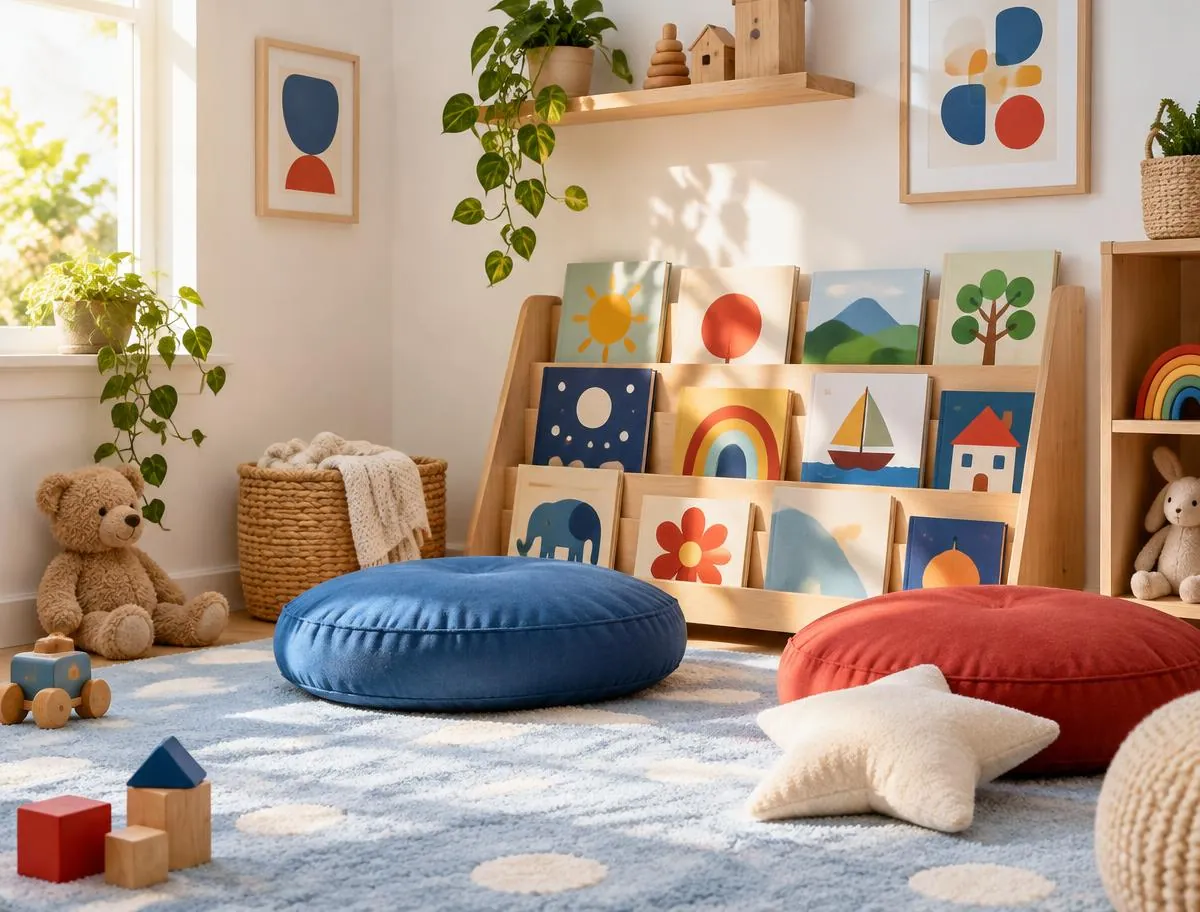 Illustrative image: cosy story corner with a low wooden shelf of children’s picture books and blue and red floor cushions