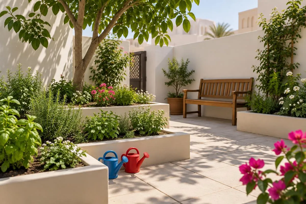 Illustrative image: small nursery garden with raised planters, a wooden bench and little blue and red watering cans