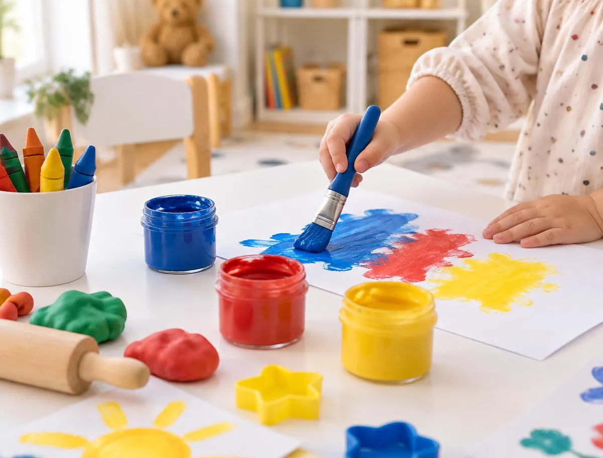 Illustrative image: a young child’s hands painting with blue, red and yellow paint at a low art table