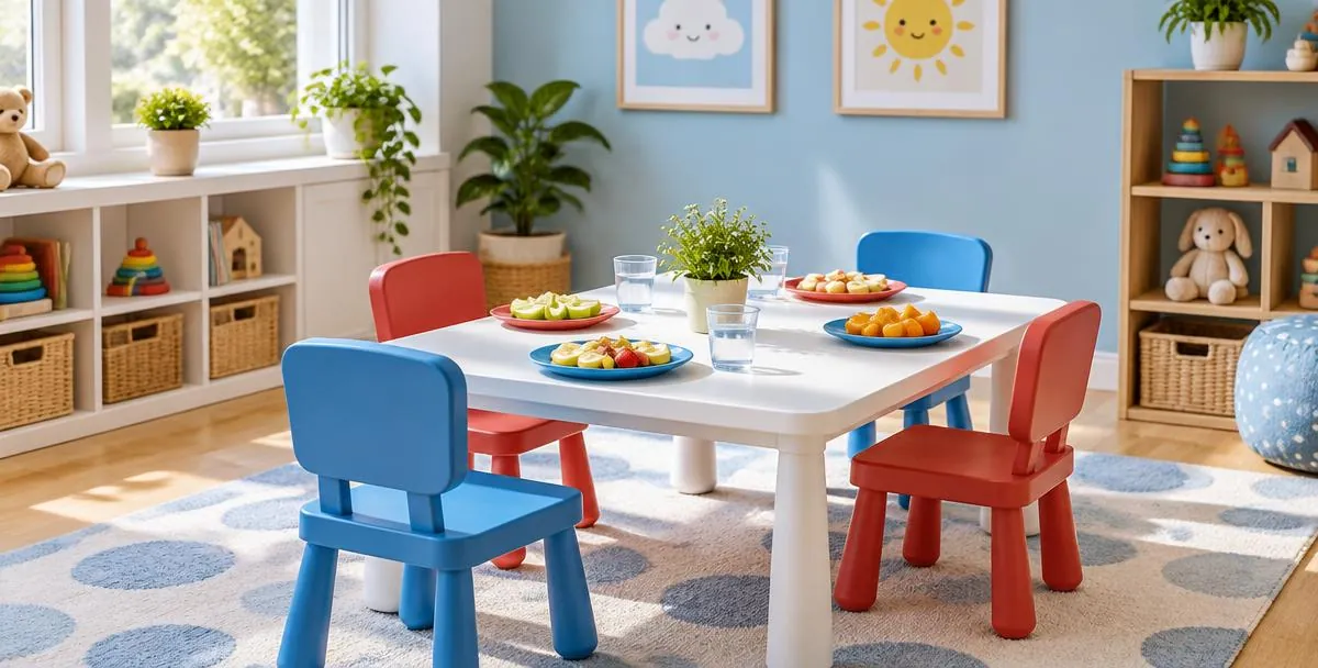 Illustrative image: snack area with a white toddler table, small blue and red chairs and plates of fruit