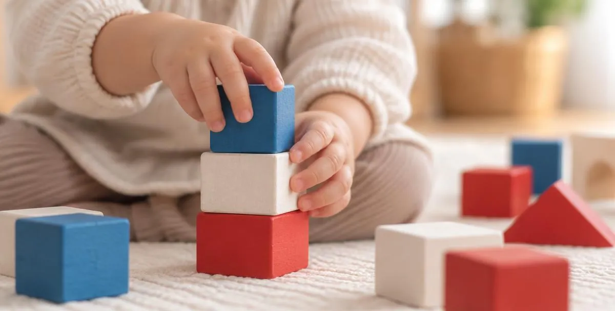 Illustrative image: a toddler’s hands stacking blue, white and red wooden blocks on a soft mat