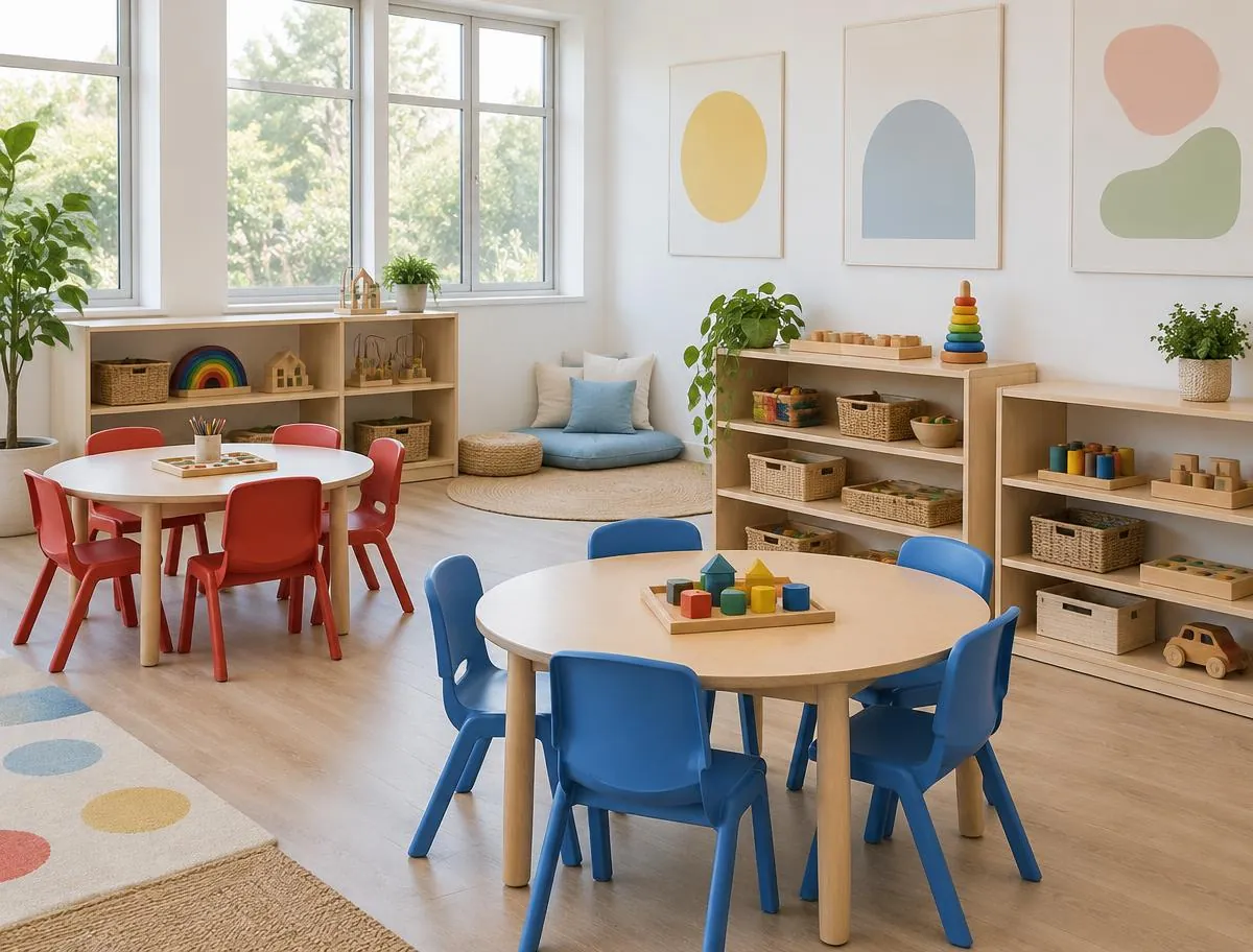 Illustrative image: bright early-years classroom with round tables, blue and red chairs and shelves of puzzles and wooden toys