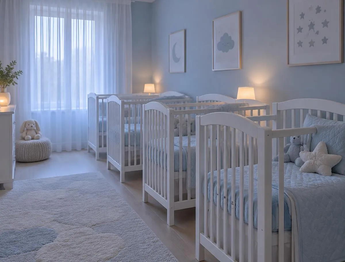 Illustrative image: calm nap room with a row of white cribs, pale blue bedding and soft lamp light