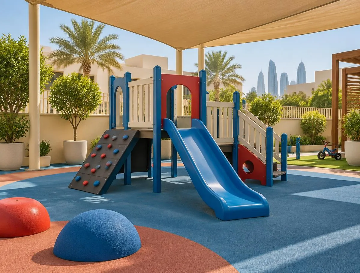 Illustrative image: shaded outdoor play area with a blue and red slide, climbing frame and soft safety flooring