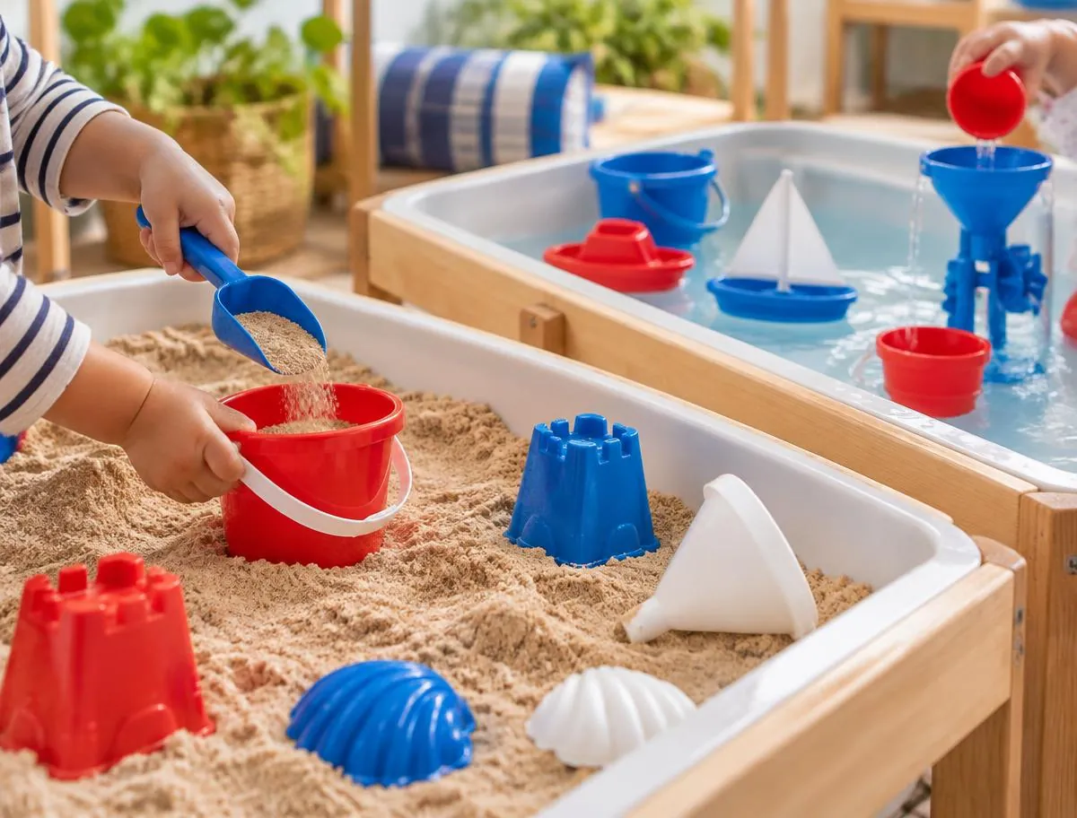 Illustrative image: sand and water play tables with buckets, scoops and boats, and a child’s hands scooping sand