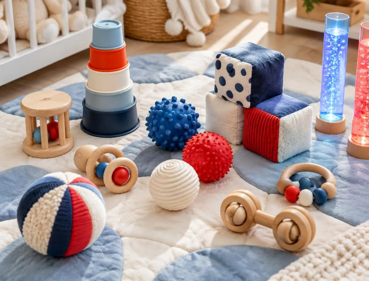 Illustrative image: sensory toys on a soft mat, including wooden rattles, textured balls, stacking cups and light-up tubes