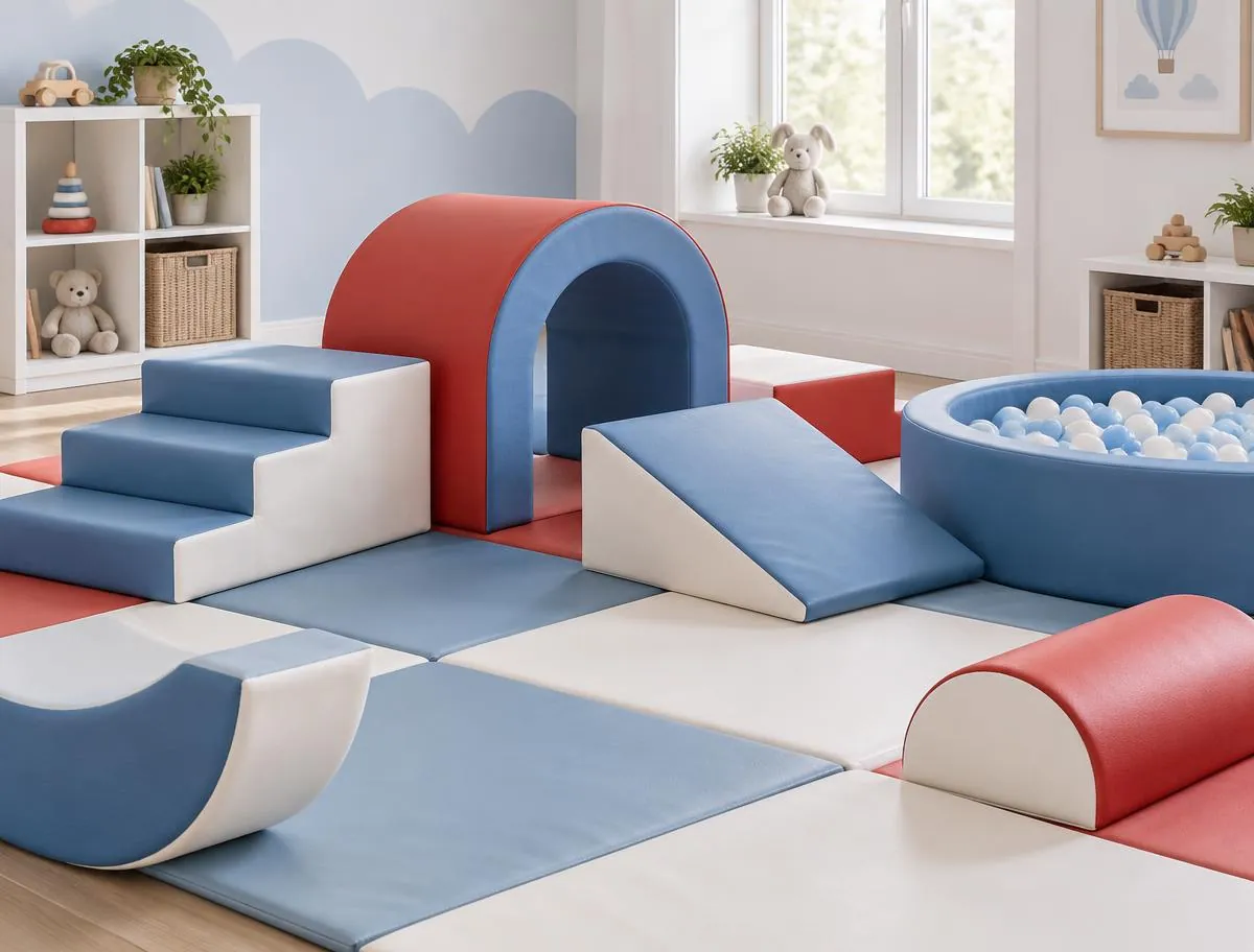 Illustrative image: baby and toddler soft play area with foam steps, ramps, a tunnel and a ball pit